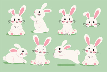 Obraz premium Easter Rabbit cute character set clipart. Bunny Rabbits Easter characters in white and pink clip art collection in different pose, sitting and standing for egg hunting vector illustration. 