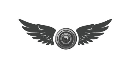 Obraz premium Black and white image of a camera lens centered with wings spreading out from both sides