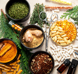 Alternative medicine herbal organic capsule. Herbs leaf natural supplements for healthy good life.