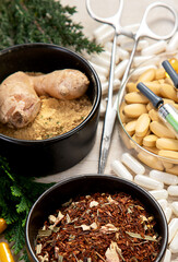 Alternative medicine herbal organic capsule. Herbs leaf natural supplements for healthy good life.