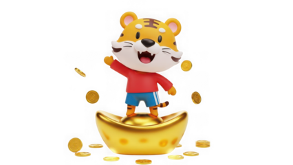 A cartoon tiger character standing on a gold ingot with coins around, wearing a red shirt and blue shorts on transparent background