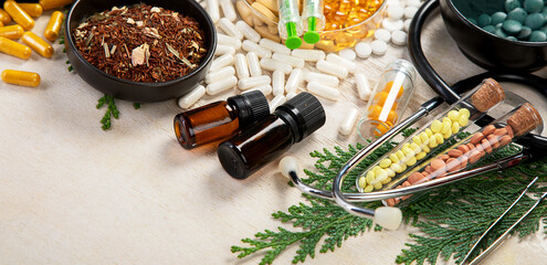 Alternative medicine herbal organic capsule. Herbs leaf natural supplements for healthy good life.