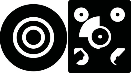 A geometric composition. One side is a concentric circle design and the other a square with abstract shapes