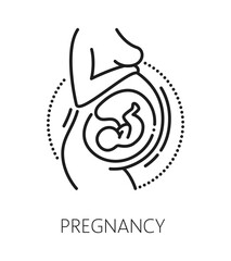 Pregnancy and gynecology medicine line icon or pictogram. Gynecology health and fertility thin line sign, reproductive medicine vector icon. Pregnancy health symbol with fetal in womb