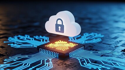 Cloud Security Concept with Padlock Icon and Microchip.