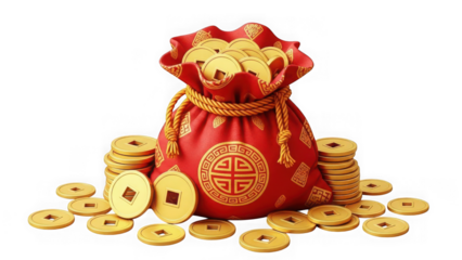 Red bag with gold coins and chinese symbol on transparent background for chinese new year