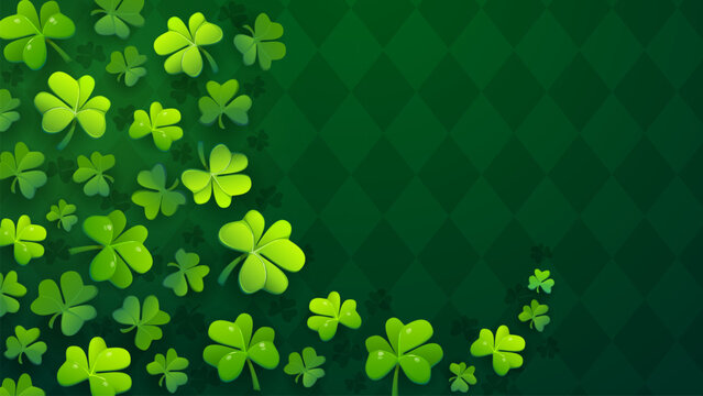 St Patrick's day background with shamrock clover. Irish party collage vector background, spring celebration green wallpaper. Ireland festive backdrop with flying clover leaves and checkered pattern