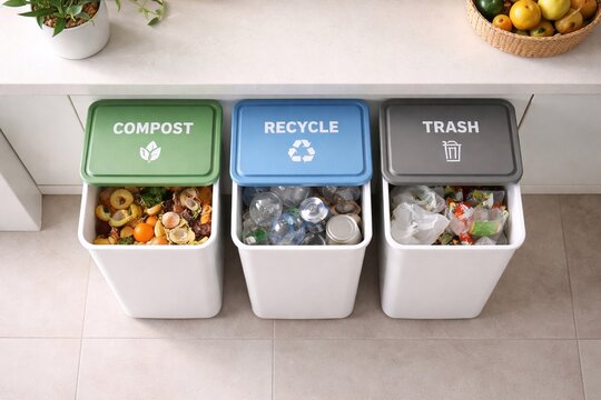 Waste sorting bins for compost recycle and trash
Organized home waste management system with labeled bins for compost, recycling, and trash, promoting eco-friendly habits and sustainable living