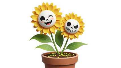 Two sunflowers in a pot with smiling and skull faces on transparent background