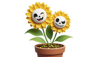 Two sunflowers in a pot with smiling and skull faces on transparent background