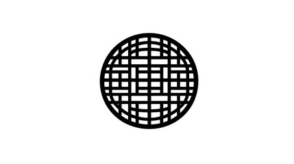 A geometric, spherical structure comprised of intersecting black lines, creating a grid-like pattern