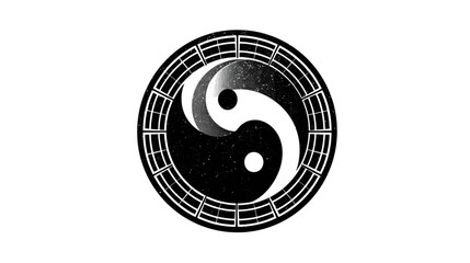 A black and white illustration of the yin and yang symbol with outer decorative ring