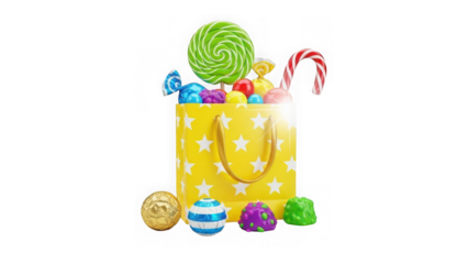 Colorful easter treats and candies spilling out of a yellow star patterned bag isolated on transparent background