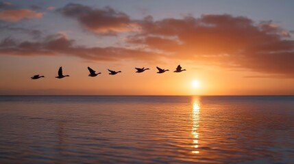 A flock of birds flying in formation over the ocean at sunset