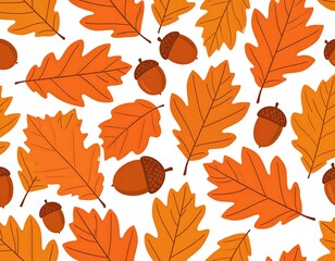 Naklejka premium A seamless pattern of orange leaves and acorns on a white background