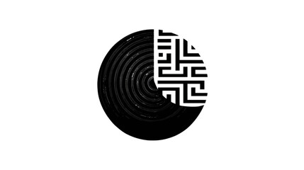 A black and white circular design. One half is a vinyl record-like pattern. The other features a maze