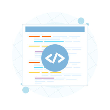 Web development concept featuring website interface elements and coding icons, symbolizing software creation, web pages, and open web systems.