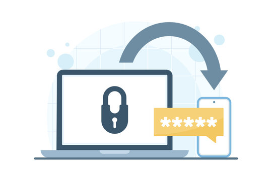 Simple graphic illustration of 2FA password code verification, representing two factor authentication, secure login, and digital security for laptop and mobile devices.