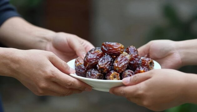 Hands exchanging a bowl of fresh dates symbolizing sharing and hospitality