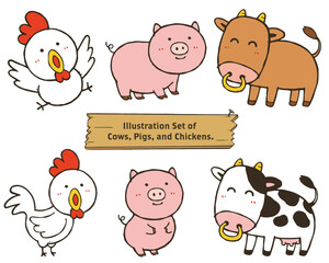 かわいい鶏と豚と牛のベクターイラストセット。