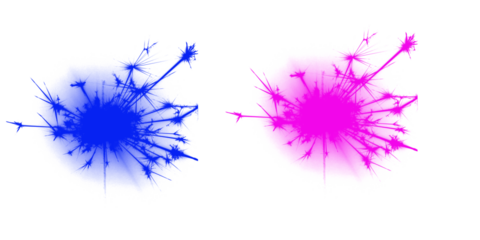 Vibrant digital dandelion seed splashes in blue and pink hues on isolated transparent background.