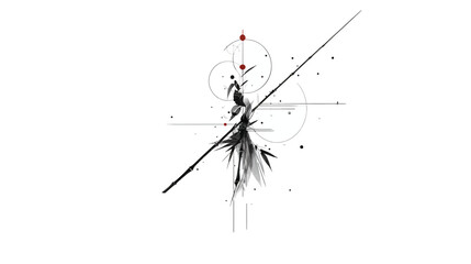 A monochrome abstract artwork with geometric elements, ink-like textures, and red accents, against white