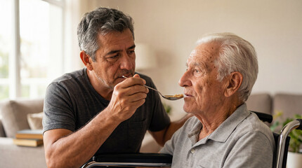 Middle-aged son patiently feeding elderly father in wheelchair. Concept of Christian love, charity and honoring parents based on 1 Corinthians 13. Compassionate family care giving.