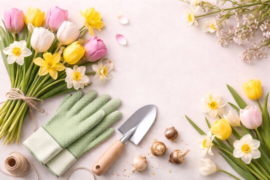 Spring flowers with gardening tools flatlay composition
Top view of fresh tulips and daffodils with gardening tools and gloves, creating a soft spring gardening scene with natural pastel tones.
