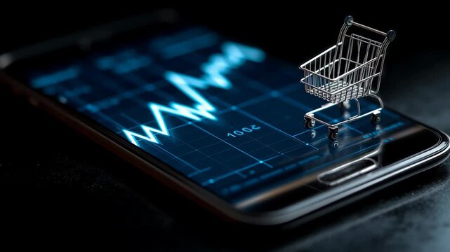 Smartphone shopping cart digital market graph showing inflation impact on economy trends