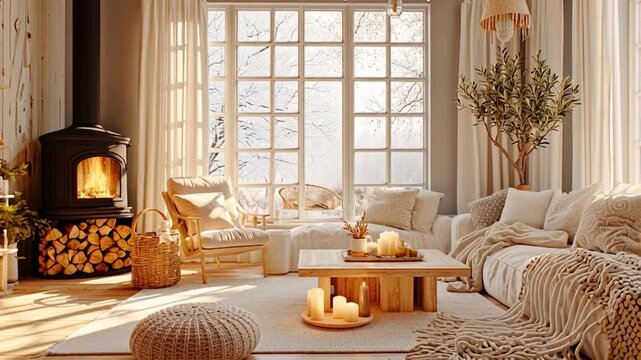 Cozy living room scene with fireplace, sofa, and window, showcasing a warm and inviting atmosphere in a serene indoor setting with natural light.
