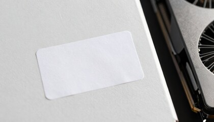 Close-up of computer hardware with blank white label on side