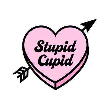 Pink Heart with Arrow and Stupid Cupid Text Retro Vector Illustration