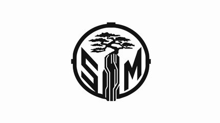 A black and white circular design. Inside, a bonsai tree sits atop a stylized, tech-like platform with letters