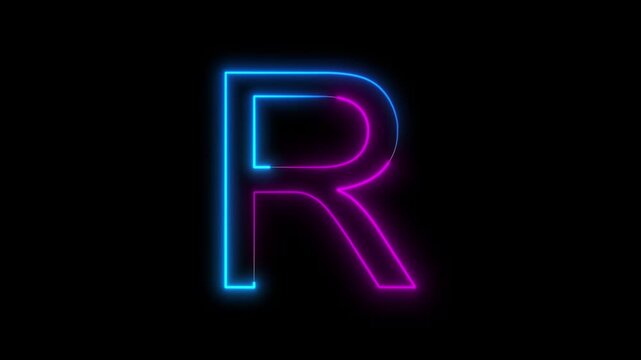 Glowing neon English capital letter R animation on a black background. Modern neon typography perfect for logo reveals, titles, intros, education, branding, motion graphics, and futuristic designs.