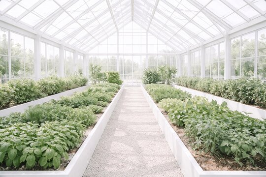 Bright Modern Greenhouse With Rows of Lush Plants Spacious glass greenhouse filled with thriving green plants arranged in neat rows, showcasing sustainable agriculture, indoor farming, and modern hort