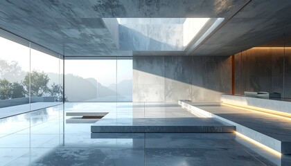 Modern architectural interior with expansive views and natural light