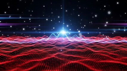 Futuristic digital waveform background with glowing lines and particles
