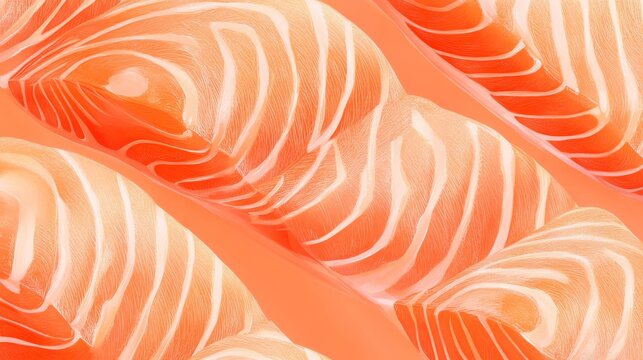 51.An elegant and abstract illustration of salmon fillets with delicate line art of the fish&acirc;&euro;&trade;s texture, set against a warm orange background. The repeating pattern showcases the smooth, striped