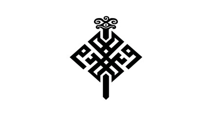 A symmetrical black glyph featuring geometric shapes, swirling elements, and a central diamond form