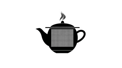 A black and white stylized illustration of a teapot with a rectangular pattern and steam rising