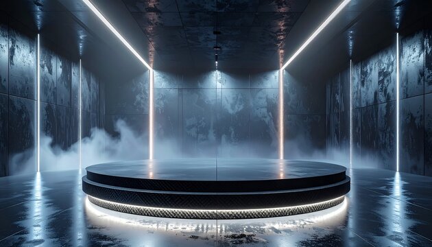 Futuristic platform in a misty room with neon lighting
