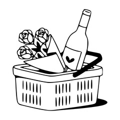 romantic picnic basket with wine bottle and roses vector illustration