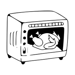 roast chicken inside kitchen oven vector illustration in doodle style