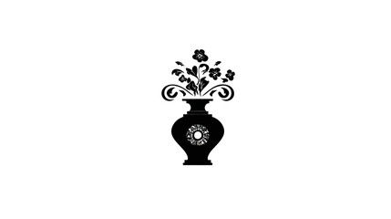 A monochrome illustration of a vase holding flowers and decorative leaves. The vase has a center detail