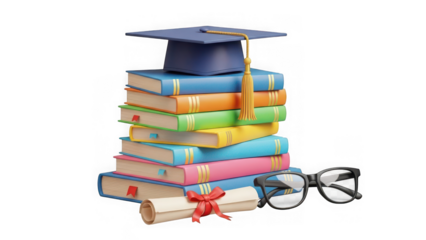 Stack of colorful books with graduation cap and diploma on transparent background