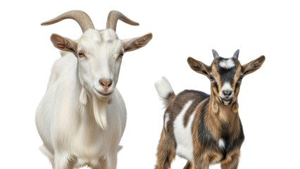 Fototapeta premium Adult white goat and brown spotted kid goat isolated on white background