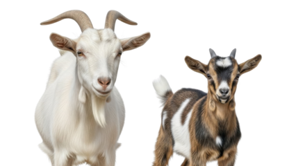 Adult white goat and brown spotted kid goat isolated on white background