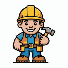 Cute Construction Worker Cartoon Illustration with Tools and Helmet