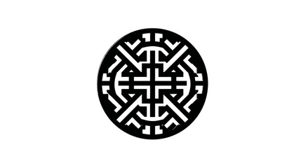 A symmetrical black and white circular design featuring overlapping shapes with geometric patterns