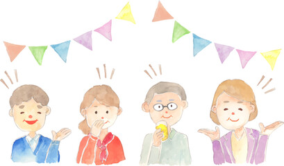 イベントで会話を楽しむシニアのイラスト　ベクター